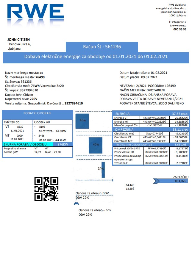 Slovenia RWE electricity proof of address utility bill template in Word and PDF format